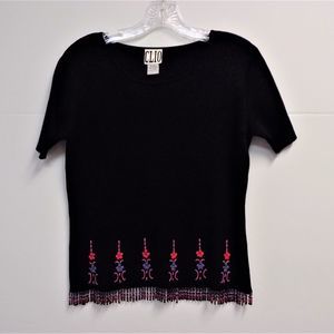 Stretchy Silk Top W/Embroidery & Bead Fringe Trim